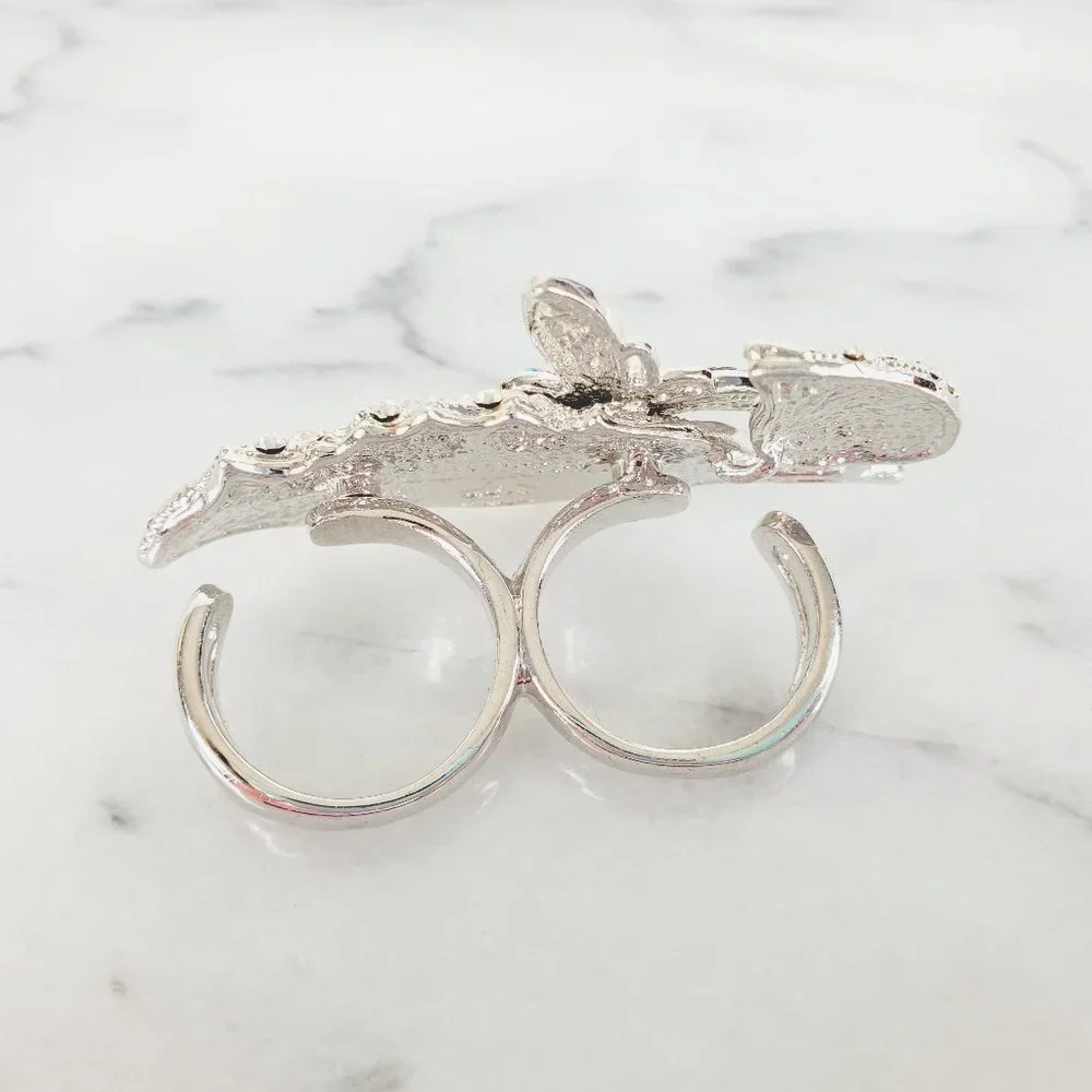 Crystal Butterfly on Leaf Two Finger Ring‎